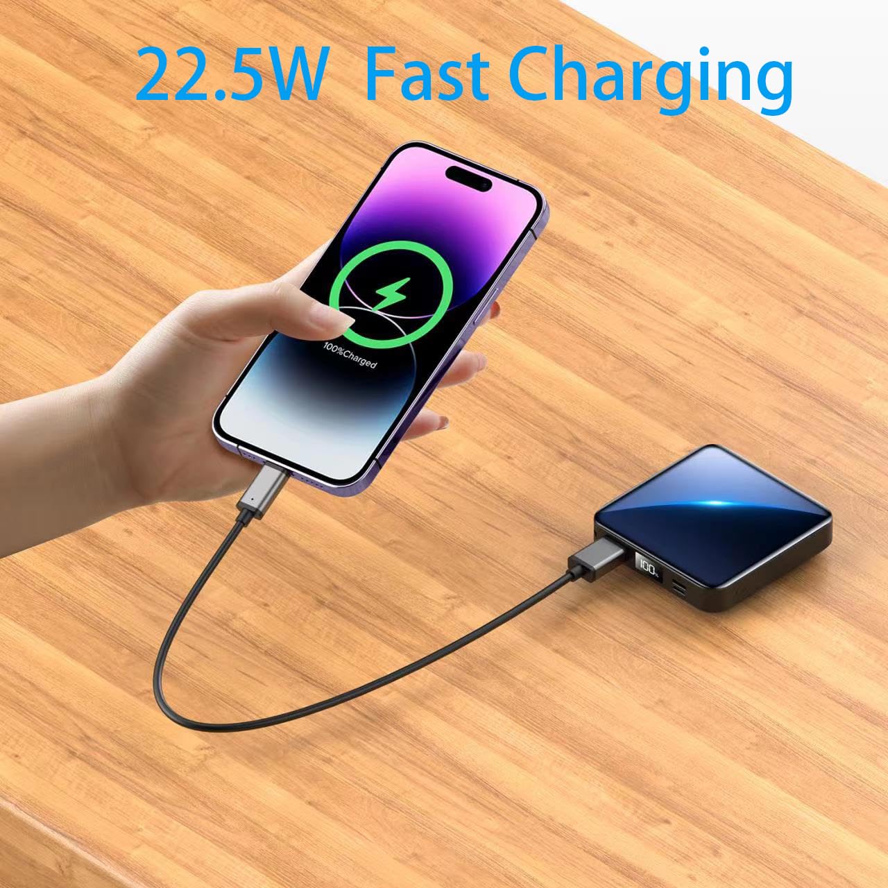 Portable Charger with Built-in Cable,12000mAh 22.5W Fast Charging Small Power Bank,USB C Input/Output with Smart LED Display,External Battery Pack for iPhone,Tablet,Samsung