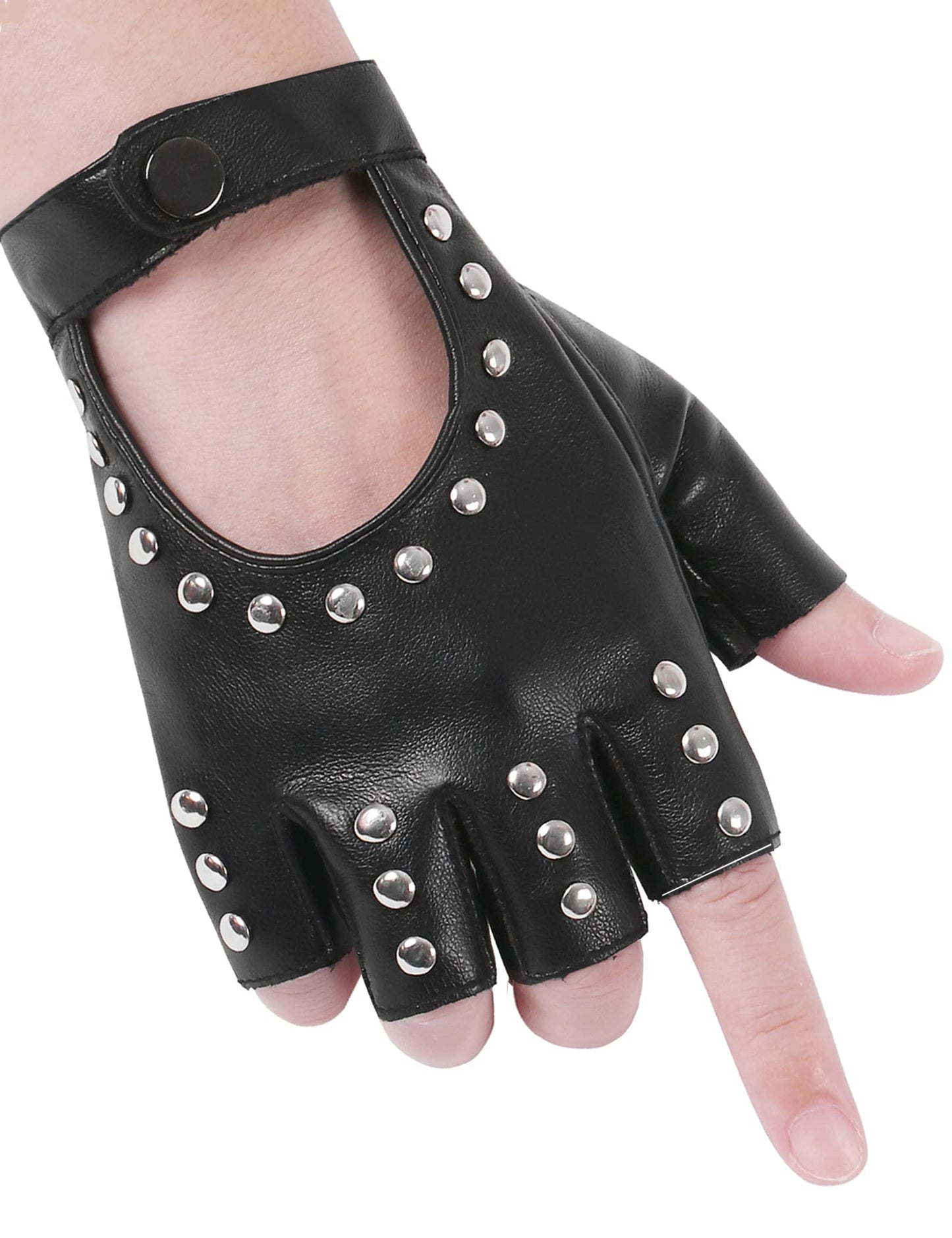 FLORVIV Black Fingerless Gloves PU Faux Leather Goth Cosplay Costume Punk Halloween Performance for Women