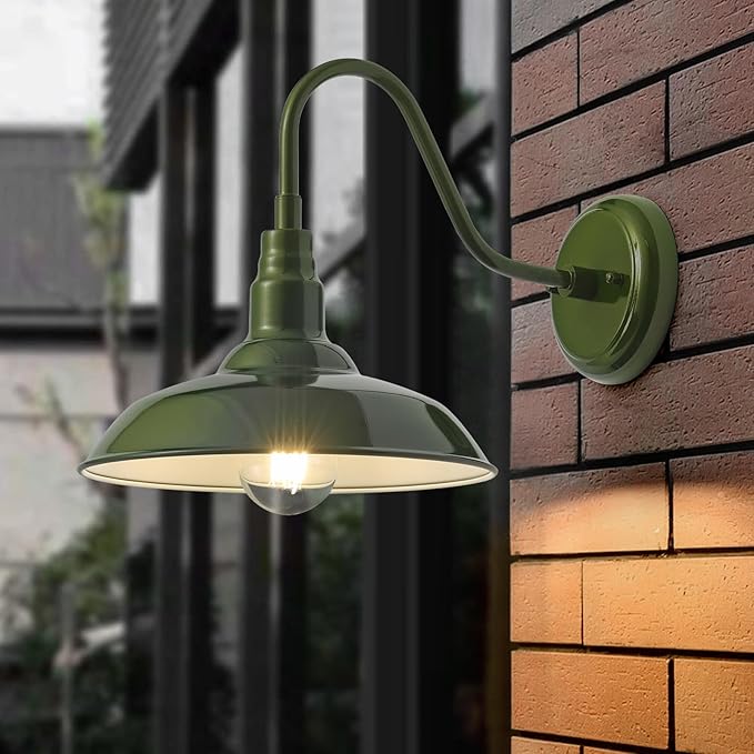 2 Pack Outdoor Gooseneck Barn Light with 14 Inch Dome, Farmhouse Exterior Wall Lights for Porch, Olive Green Patio Wall Lighting for House, Garage