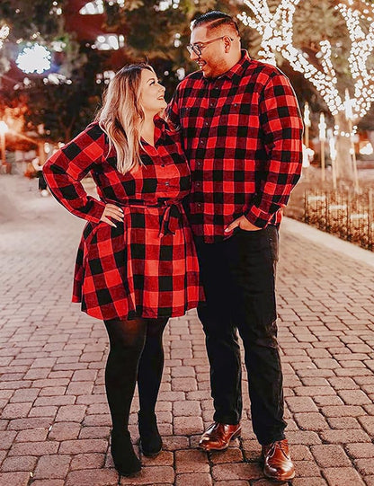 FANCYINN Womens Christmas Plaid Dresses Flannel Button Down Long Sleeve Shirt Dress Winter Casual Dresses Mini Dress with Belt Red XS