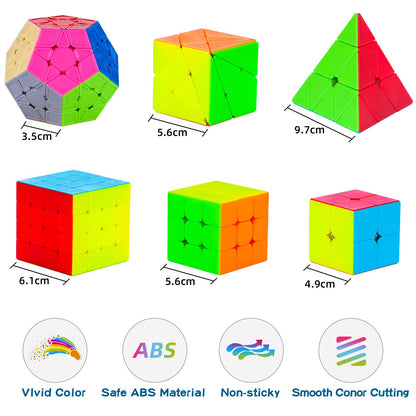 Coolzon Magic Cube Set, 6 Pack Speed Puzzles 2x2x2, 3x3x3, 4x4x4, Pyraminx, Megaminx, Skewb - Smooth, Stickerless Cubes for Kids & Adults