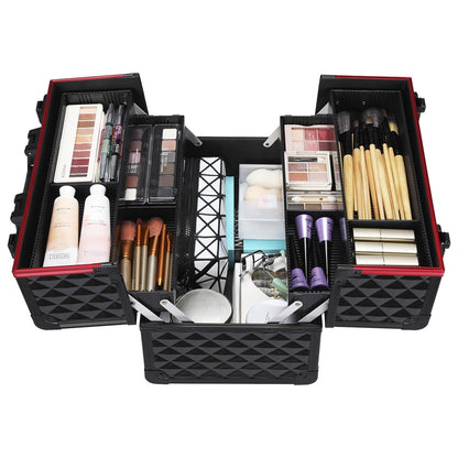 Yaheetech Professional Makeup Box Extra Large Cosmetic Case with 4 Trays, Beauty Nail Polish Jewellery Case Train Case Lockable, Black/Red