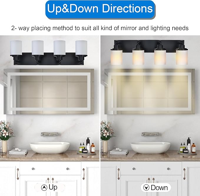 MELUCEE 4-Light Black Bathroom Light Fixture, Modern Bathroom Vanity Lights Over Mirror with Milky White Glass Shade, Farmhouse Wall Mounted Lamp for Dressing Room Living Room Hallway