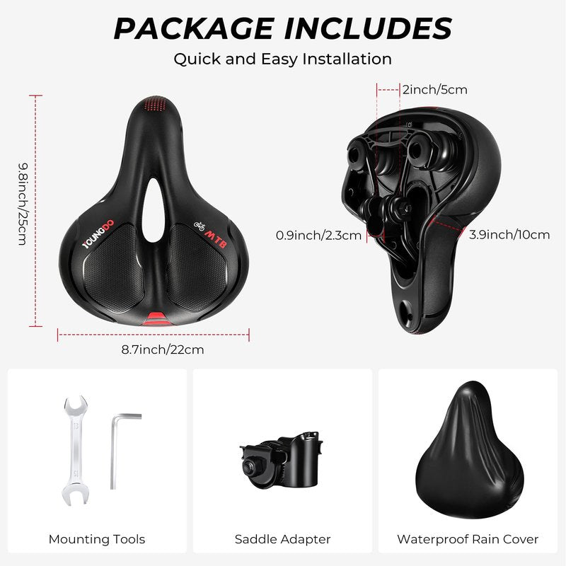 YOUNGDO Bike Seat - Comfortable Gel Foam Padded Leather, Wide Bike Saddle Cushion, Universal Fit, Shock Absorbing, for Women and Men