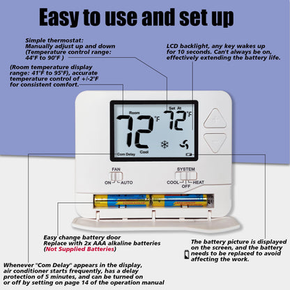 Heagstat Non-Programmable Thermostats for Home Conventional Single-Stage Systems, up to 1 Heat/ 1 Cool (with White Backlight)