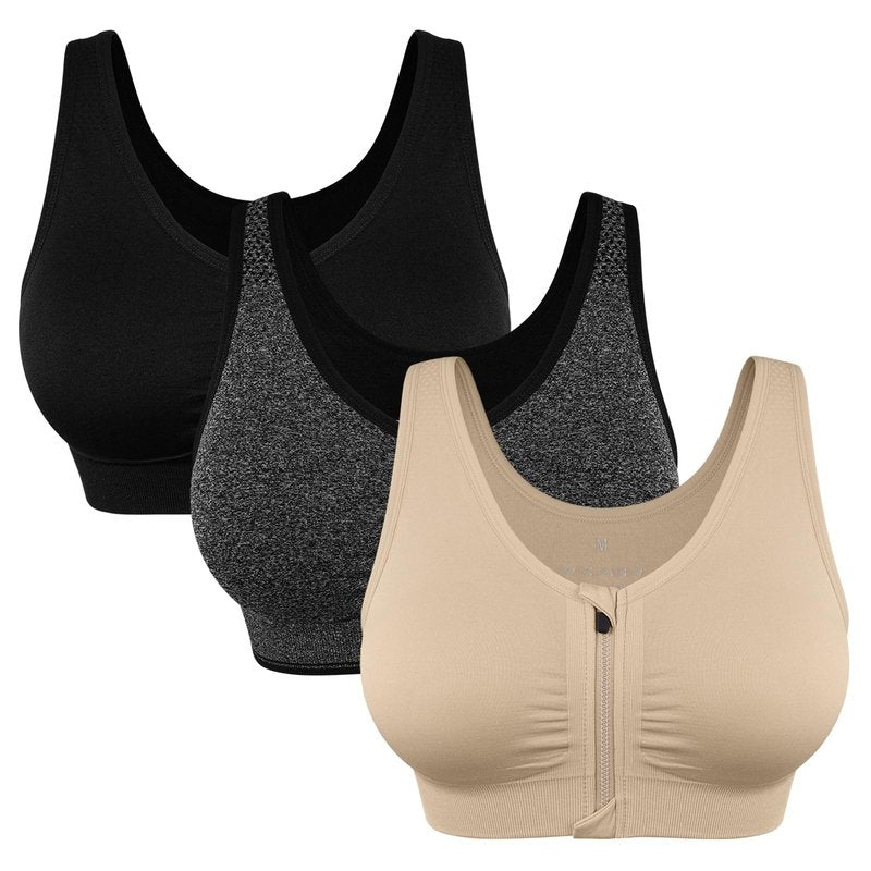 Women's Zip Front Sports Bra - Wirefree, Padded, Racerback, Seamless, Mastectomy, Post Op, Workout, Gym, Yoga, Compression - 3 Pack
