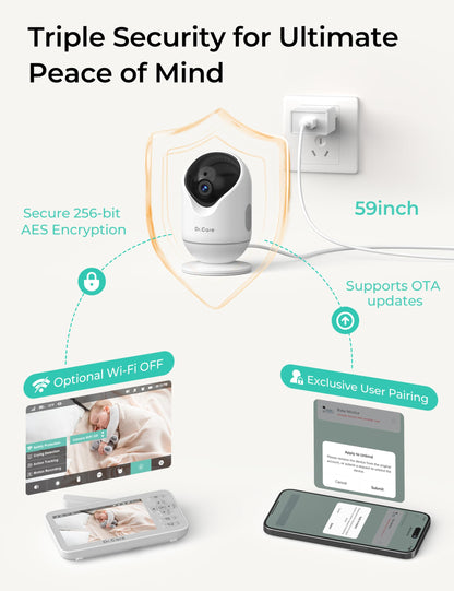 Dr.Care VistaView Lite Smart WiFi Baby Monitor - 4” 720P Split Screen & 1080P Camera App Control, Motion Alerts, HD Night Vision, 3000mAh Battery, 2-Way Talk, Multi-User, Triple Security, 1000ft Range