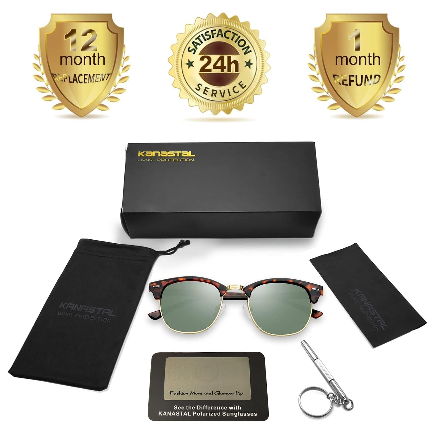 KANASTAL Dark Green Sunglasses Mens Polarised Womens Half Framed Horn Rimmed Sun Glasses Square Female Retro Semi Rimless Browline - Tortoiseshell Green Lens