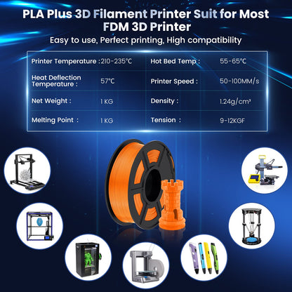 SUNLU PLA Plus 3D Printer Filament, 1.75mm PLA+ 3D Filament for FDM 3D Printer & 3D Pens, Neatly Wound Filament, Strong and Toughness, Dimensional Accuracy +/- 0.02 mm, 1KG Spool(2.2 LBS), Orange