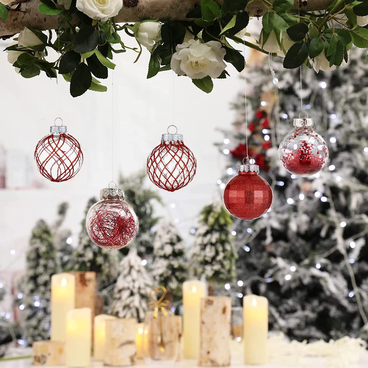 CristBest 30ct Christmas Ball Ornaments-60mm/2.36" Shatterproof Clear Plastic Xmas Balls Baubles Set with Stuffed Delicate Sparkling, Hanging Christmas Tree Decorations (Red)