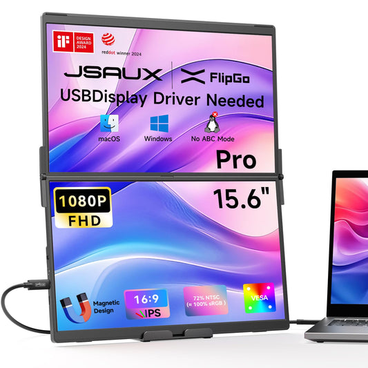 JSAUX FlipGo Pro 15.6" Dual Portable Monitors, 1080P FHD IPS Dual Screen Monitor, Triple Screen Laptop Monitor Extender for Wins/macOS (Driver Required) with Magnetic Design/Plug & Play/Built-in Hub