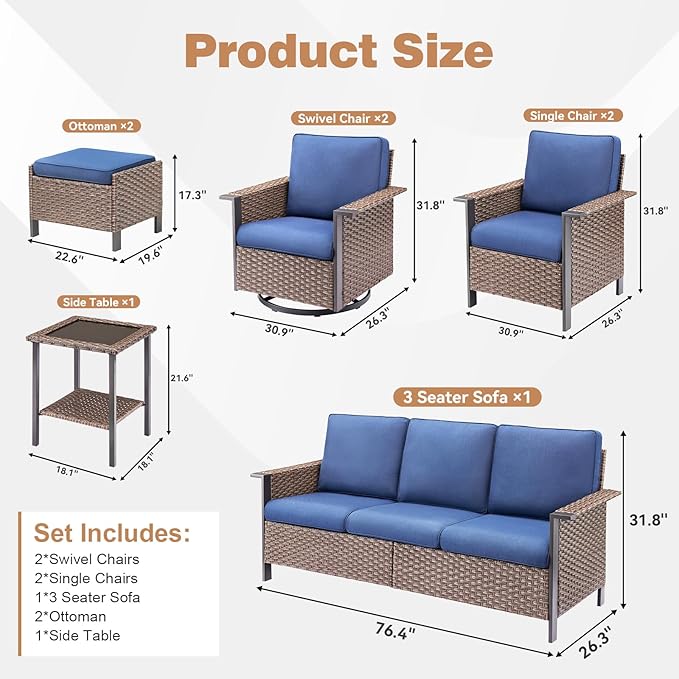 Outdoor Patio Furniture Set Swivel Chairs-8 Pieces All-Weather Wicker 3 Seater Sofa with 2 Ottomans Rattan Side Table, Wicker Sofa Outdoor Furniture for Porch Deck Backyard Brown/Blue