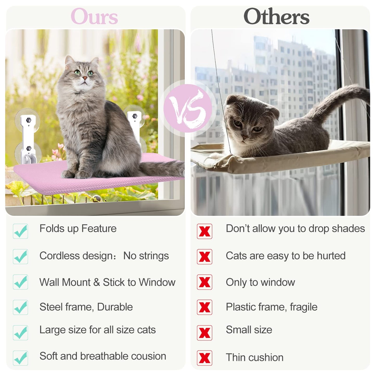 Foldable Cat Window Perch, Cordless Cats Window Hammock Window Bed for Indoor, Large Window Seat Sill Cat Perch, Strong Suction Cup & Sturdy Metal Frame & Breathable Mat