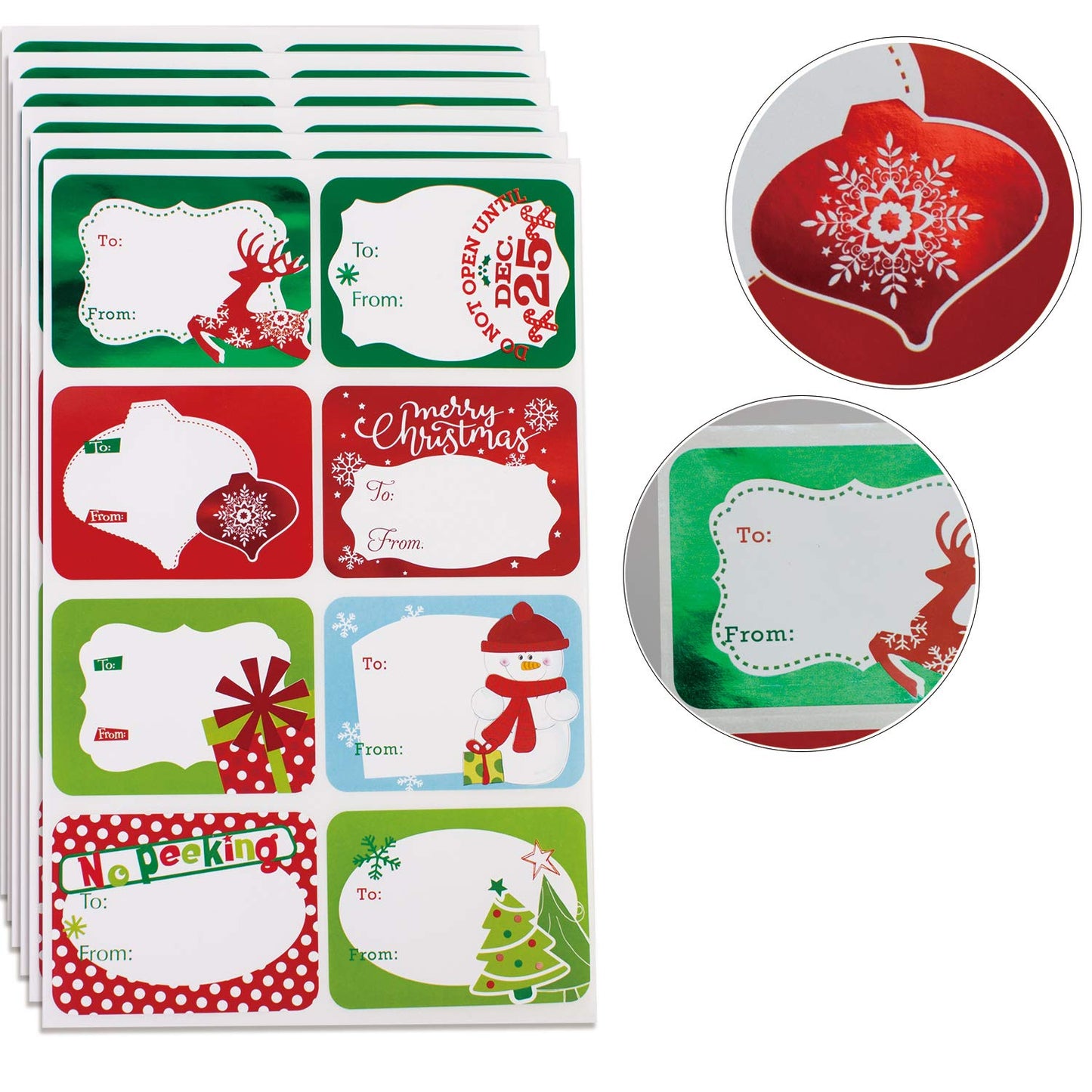 80-Count Foil Christmas Tag Stickers, 8 Jumbo Designs - Xmas to from Christmas Name Tags Write On Labels - Holiday Present Gift Labels