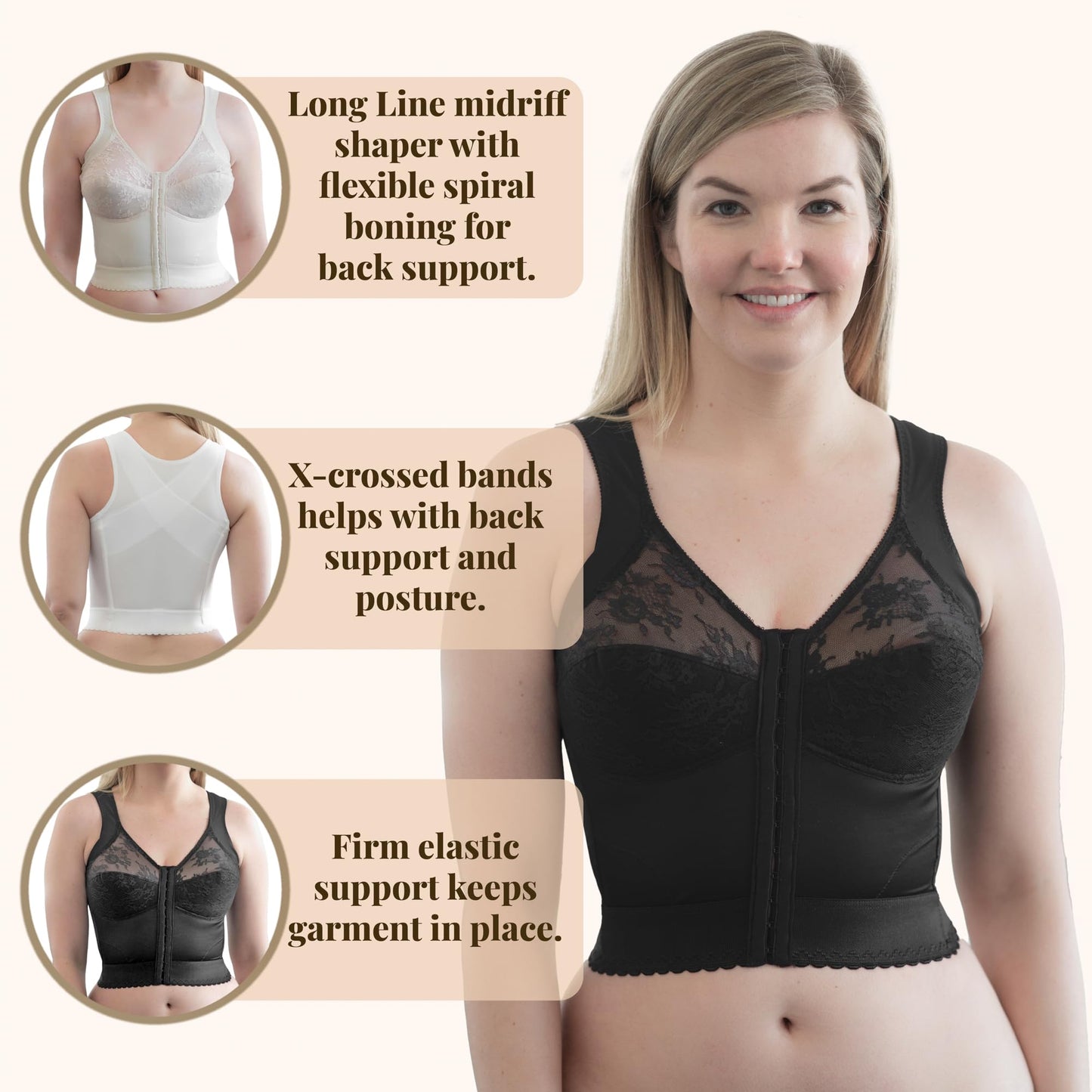 Front Closure Longline Bra | 9603 | Made in USA | Wire-Free Comfort w/Back Support | Soft Cups | 40DD / Black