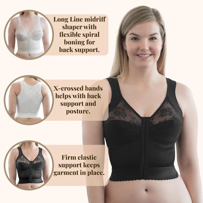 Front Closure Longline Bra | 9603 | Made in USA | Wire-Free Comfort w/Back Support | Soft Cups | 40DD / Black