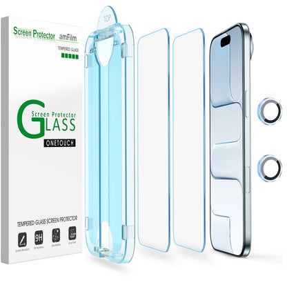 amFilm Easiest Installation OneTouch for iPhone 15 Pro Max Screen Protector [6.7 Inch] Tempered Glass + Camera Lens Protector, Auto-Alignment Tech, Bubble Free, Case Friendly, Anti-Scratch [2+2 Pack]