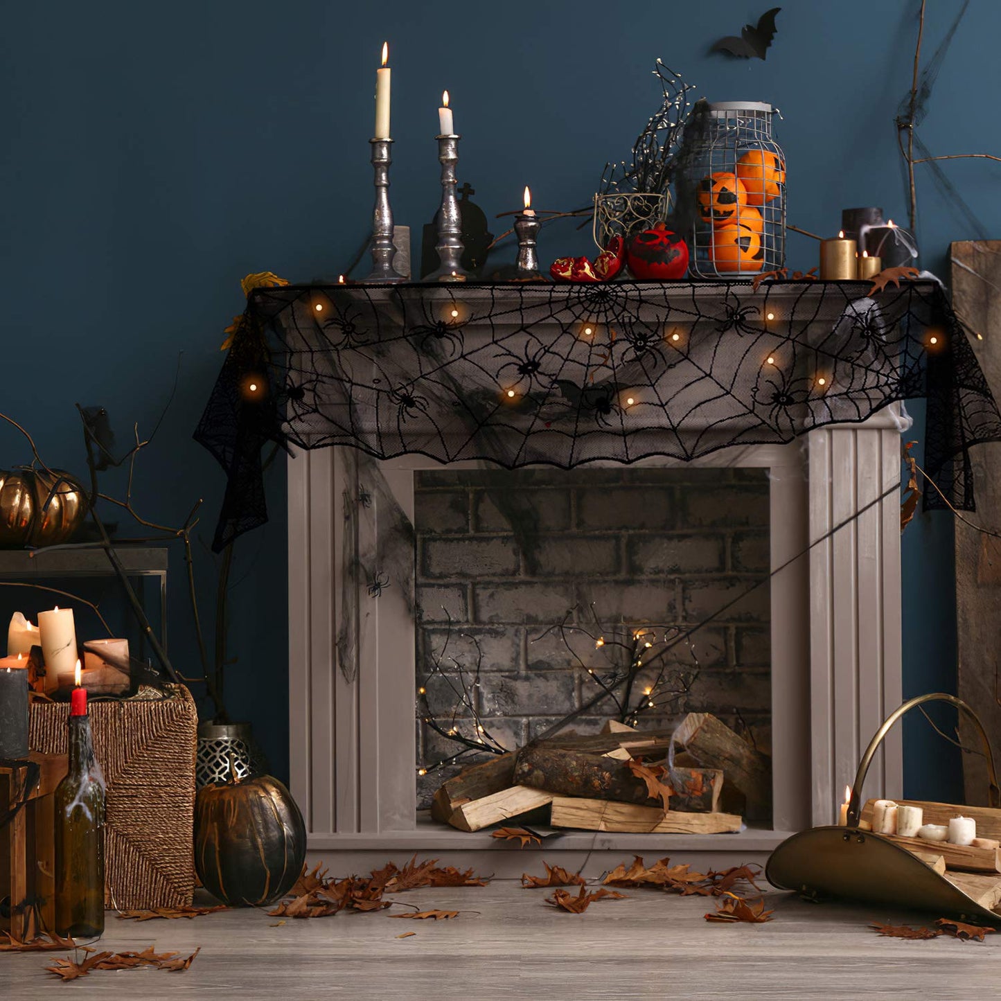 FUN LITTLE TOYS Halloween Decorations Indoor - Mantel with String Lights Lace Spiderweb Decor Inside for Home Party Supplies (18 x 96 inch)