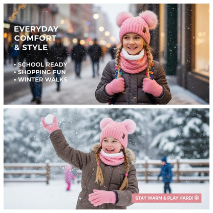 Kids Winter Hats Gloves Scarf Set for Girls Toddler Beanie Baby Neck Warmer Warm Thick Fleece Lining Thermal Pink Knit Cap with Cute Pom Pom for 6-10 Years Old, Gifts for Childrens