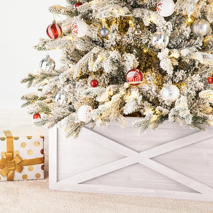 Glitzhome Christmas Tree Collar, Christmas Tree Base Cover, 22" L Washed White Wooden Tree Collars for Artificial Trees Decorative Tree Stand Cover Christmas Tree Skirt Collar