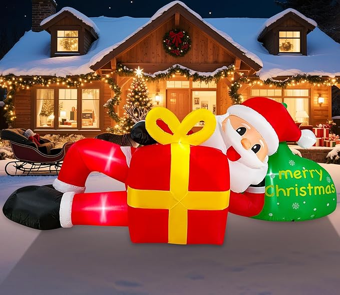 EAONE 12FT Giant Christmas Inflatable Santa Claus Lying for Outdoor Decoration, Christmas Blow Ups Yard Decoration Santa Claus & Gift Bags with Lights for Garden, Lawn, Home Xmas Holiday Season Decor