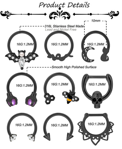 LOREMOW 9 PCS 16G Stainless Steel Horseshoe Septum Rings for Women Cartilage Helix Tragus Earrings Daith Earrings Hoop Snake Bat Gothic Piercing Jewelry B