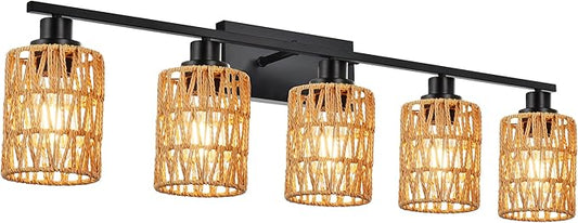 MELUCEE Farmhouse Bathroom Light Fixtures Rattan Wall Sconce 5 Light Bathroom Vanity Light with Rattan Lamp Shade, Black Finish, Suitable for Kitchen Hallway Living Room, 40.6 Inches Length