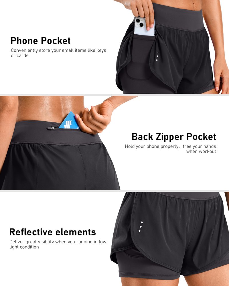 Soothfeel Women's 2 in 1 Running Shorts Workout Athletic Gym Yoga Shorts for Women with Phone Pockets Dark Grey