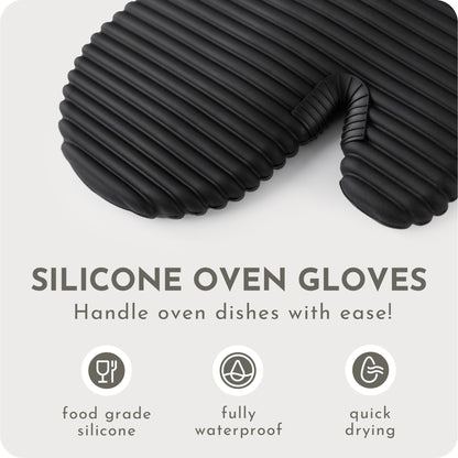 Extra Long Silicone Oven Mitts & Potholders Set - Heat Resistant 500°F Kitchen Gloves with Pot Holders, BPA-Free Waterproof Baking Mitts, Non-Slip Grip, 4-Piece Set, Black