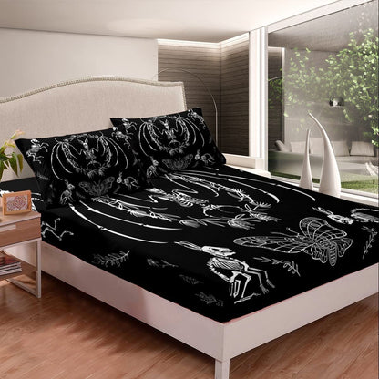Gothic Skull Bedding Set Death Moth Bed Sheet Set Bat Rabbit Animal Skeleton Halloween Fitted Sheet for Kids Boys Girls Butterfly Weed Floral Bed Cover Black White Bedroom Decor Full Size 4Pcs