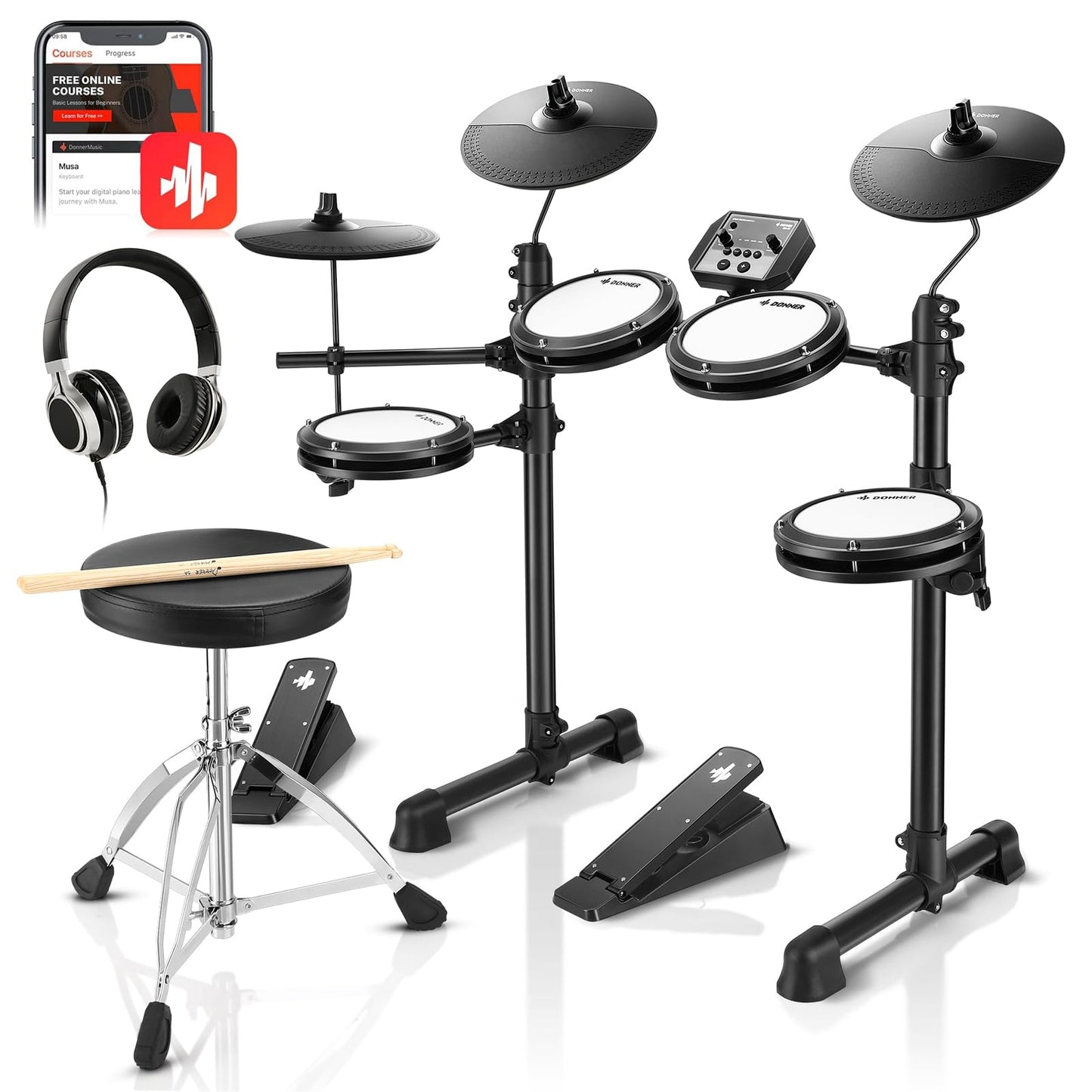 Donner DED-80 Electronic Drum Set with 4 Quiet Mesh Pads, 180+ Sounds, 2 Pedals, Throne, Headphones, Sticks, and Melodics Lessons