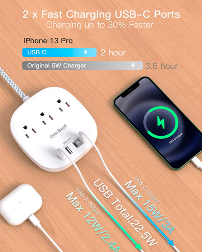 Flat Plug Power Strip, 6ft Ultra Flat Extension Cord - 3 Outlets 4 USB Ports (2 USB C) 22.5W/4.5A Desktop Charging Station, Power Strip No Surge Protection for Cruise Ship, Dorm Room Travel Essentials