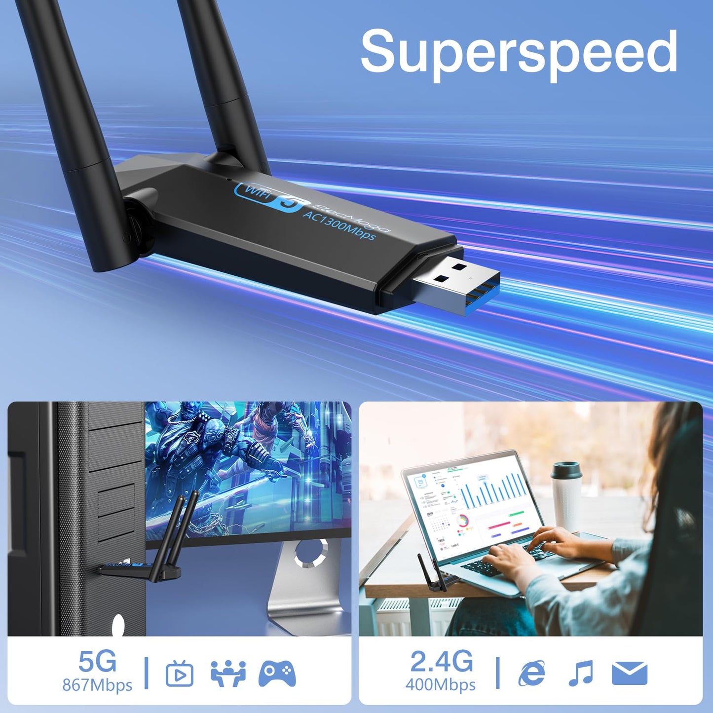 ElecMoga 5dBi Dual Band 5GHz USB Wifi Computer Adapter, 1300Mbps, Supports Windows 11/10/8/7/Vista/XP, Mac OS 10.9-10.15
