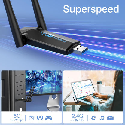 ElecMoga 5dBi Dual Band 5GHz USB Wifi Computer Adapter, 1300Mbps, Supports Windows 11/10/8/7/Vista/XP, Mac OS 10.9-10.15