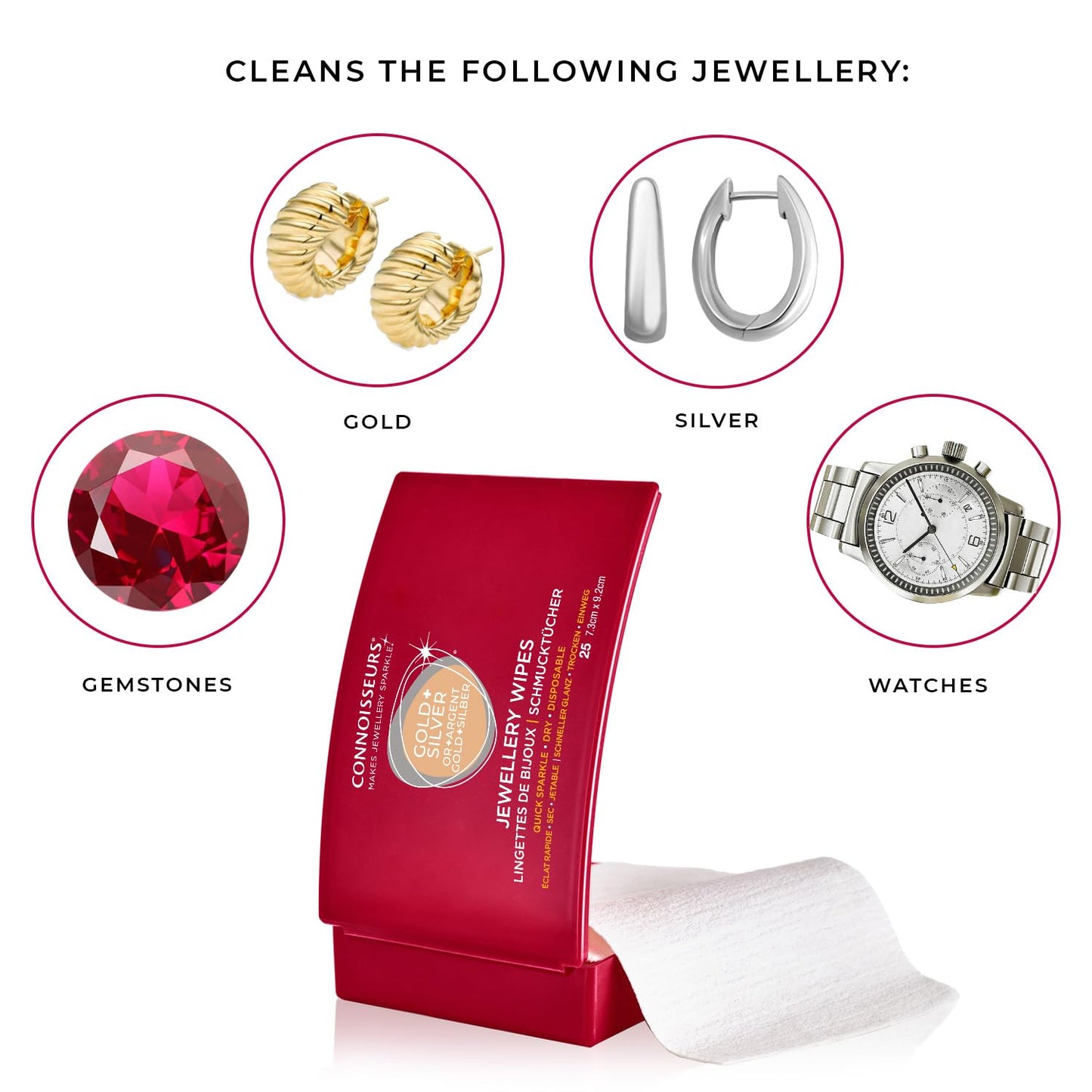 Connoisseurs Jewellery Wipes | 25 Jewellery Cleaning Wipes for Gold & Silver Jewelery | Anti-Tarnish Protective Shield | Dry, Disposable