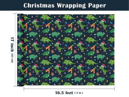 WRAPAHOLIC Dinosaur Christmas Wrapping Paper - Mini Roll - 17 Inch x 16.5 Feet - Green Christmas Dinosaur Wrapping Paper for Boys Girls Kids, Xmas Holiday, Party Celebration