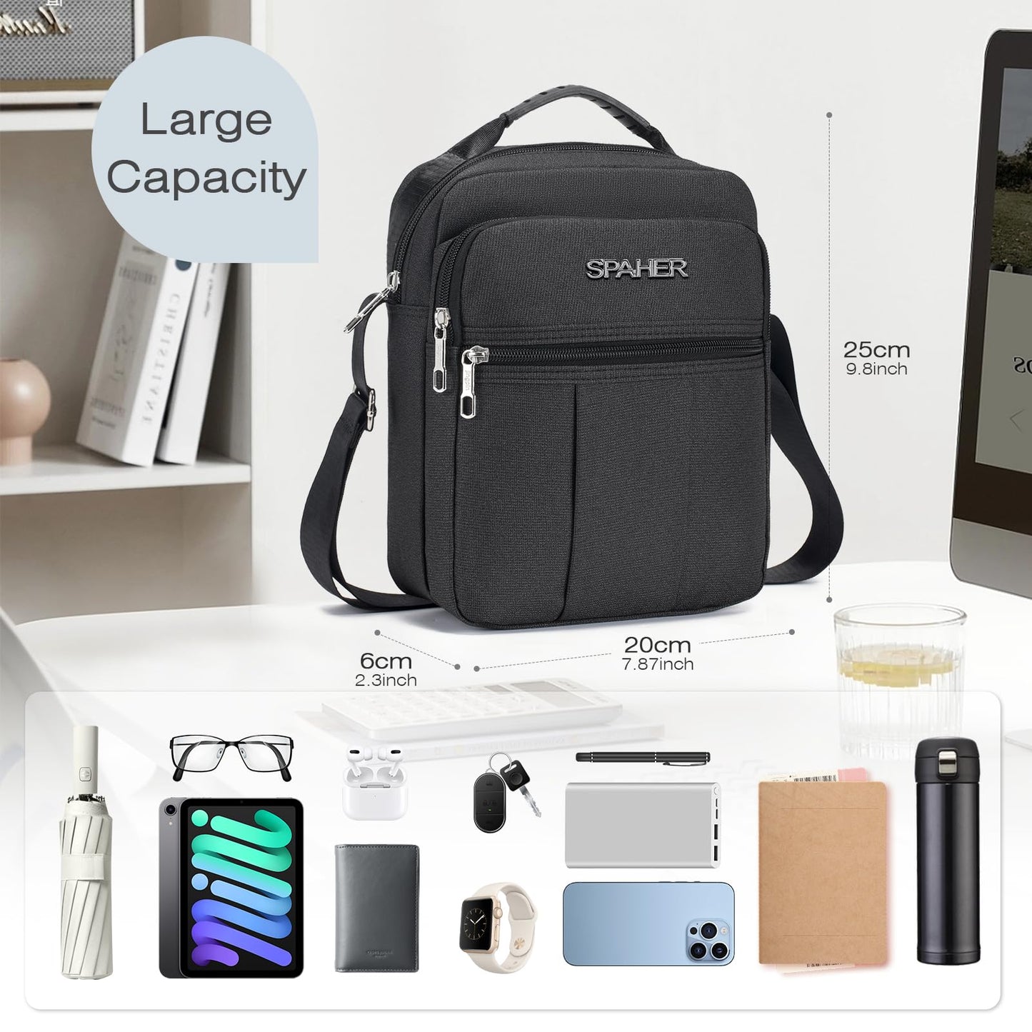 SPAHER Men Handbags Shoulder Bags Messenger Business Bag Crossbody Satchel Sling Travel Bag Daily Man Bag with Adjustable Shoulder Strap for Ipad 9.7 Inch Black