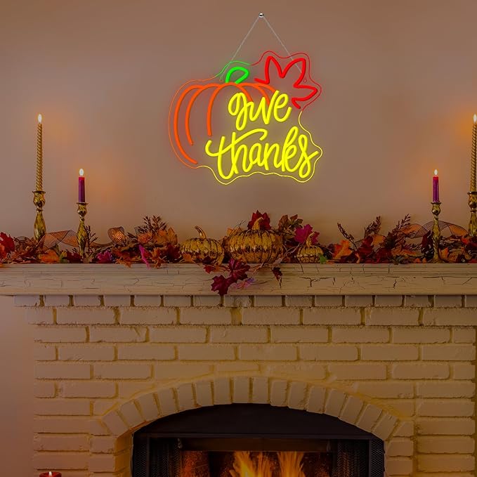 Give Thanks Neon Sign with Light Up Pumpkin LED Neon Light Fall Themed Pumpkins Decor for Bedroom Fall Wall Decor Gift for Teens and Adults