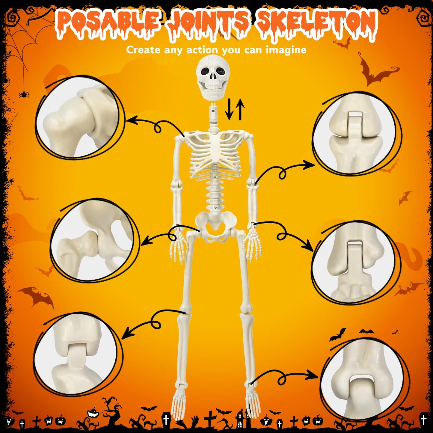 Askill 36" Skeleton Halloween Decorations, 3FT Posable Skeleton with Dog & Cat Skeleton - 5 in 1 Creepy Plastic Movable Joint Skeleton for Halloween Party Yard Decor (36inch)