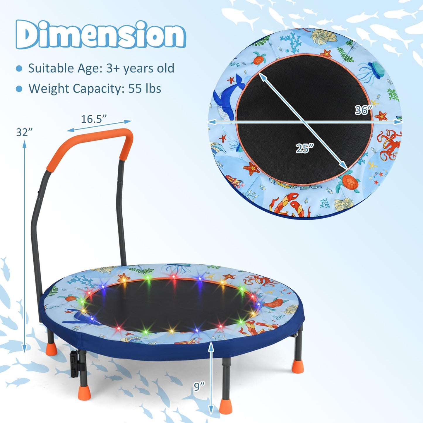 GYMAX 36” Toddler Trampoline with Lights, Folding Springless ASTM Approved Small Kids Rebounder with Foam Handle, Safety Padded Cover & Foldable Legs, Mini Indoor Baby Trampolines