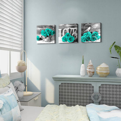 Teal Bathroom Wall Decor Turquoise Teal and Grey Rose Wall Art for Bedroom Living Room Accessories Love Sign Aqua Green Flower Pictures Floral Poster Canvas Artwork Kitchen Home Decoration 12x12" 3