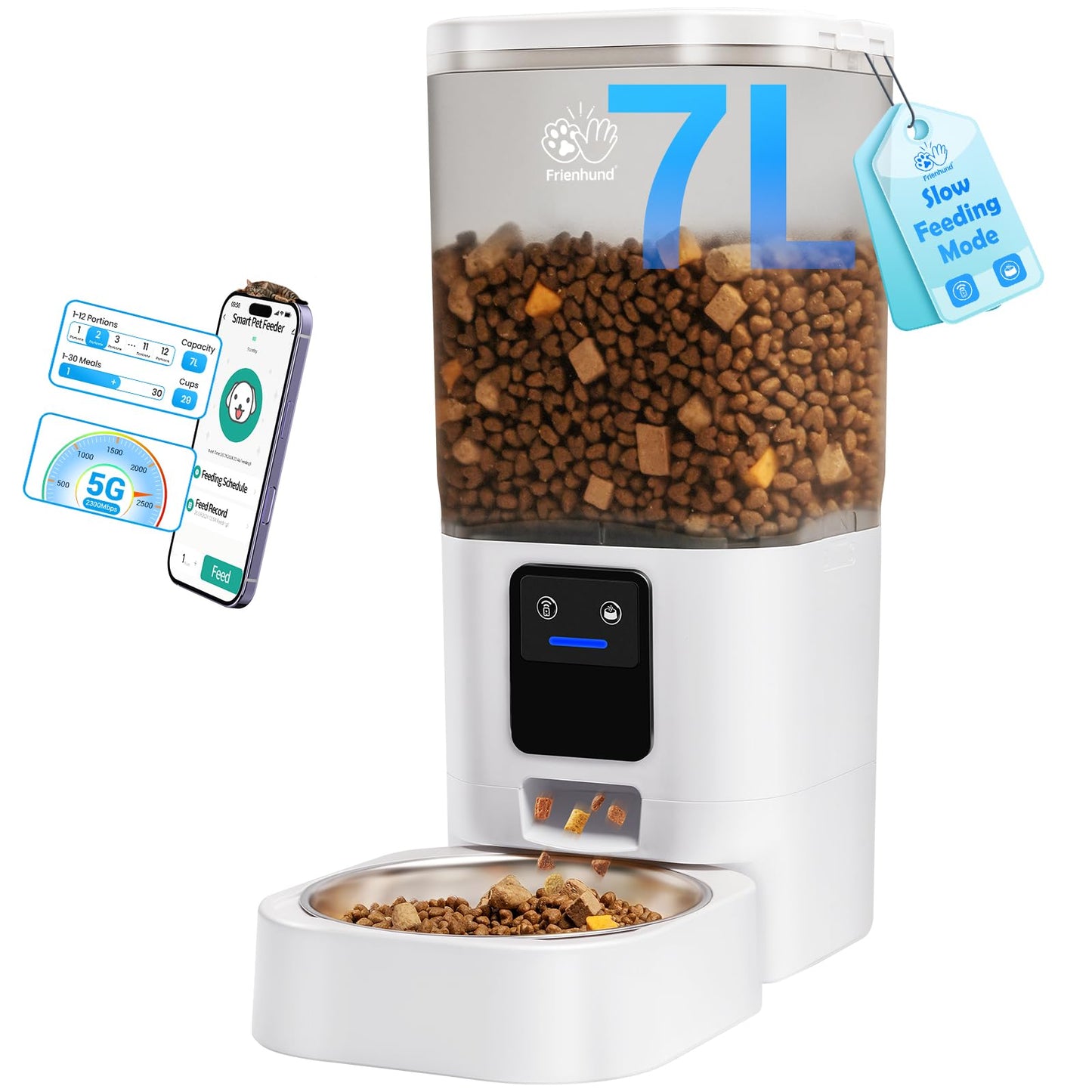 Frienhund Automatic Cat Feeder with Slow Feed: 5G WiFi Automatic Dog Feeder with Large Pet Food Storage, Auto Cat Food Dispenser with Alexa for Multiple Pets, Detachable for Easy Cleaning - 29 Cup（7L）