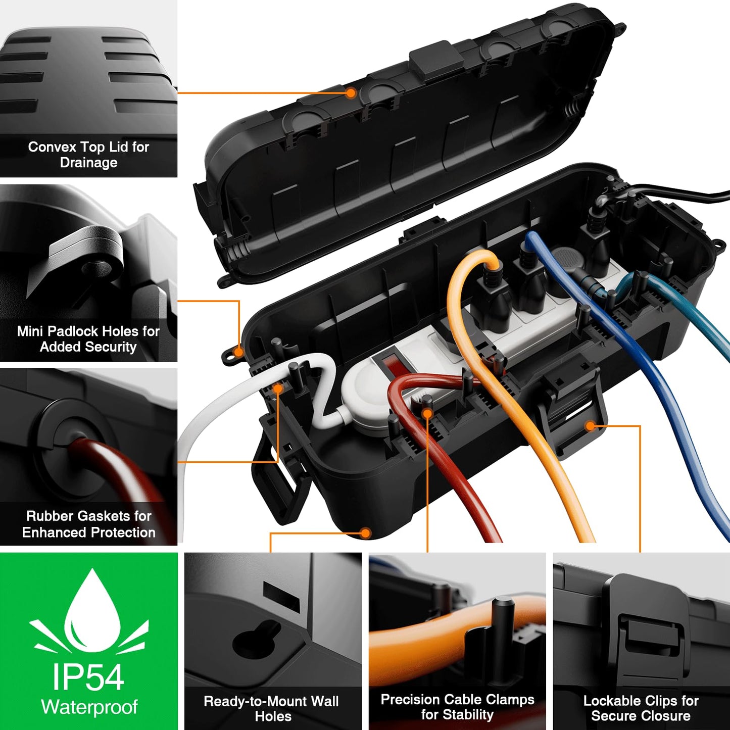 Flemoon Medium Outdoor Electrical Box (11.5x5.2x4 inch), IP54 Waterproof Extension Cord Cover w/6 Cable Entry Ports, Weatherproof Connection Box for Power Strip, Timer, Plug, Holiday Lights, Black