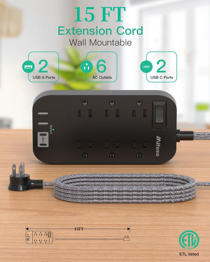 Power Strip - 10 FT Long Flat Plug Extension Cord, 6 Outlets 2 USB A 2 USB C Ports Outlet Extender with Overload Protection, Wall Mount, Desktop Charging Station for Home, Office and Dorm Essential
