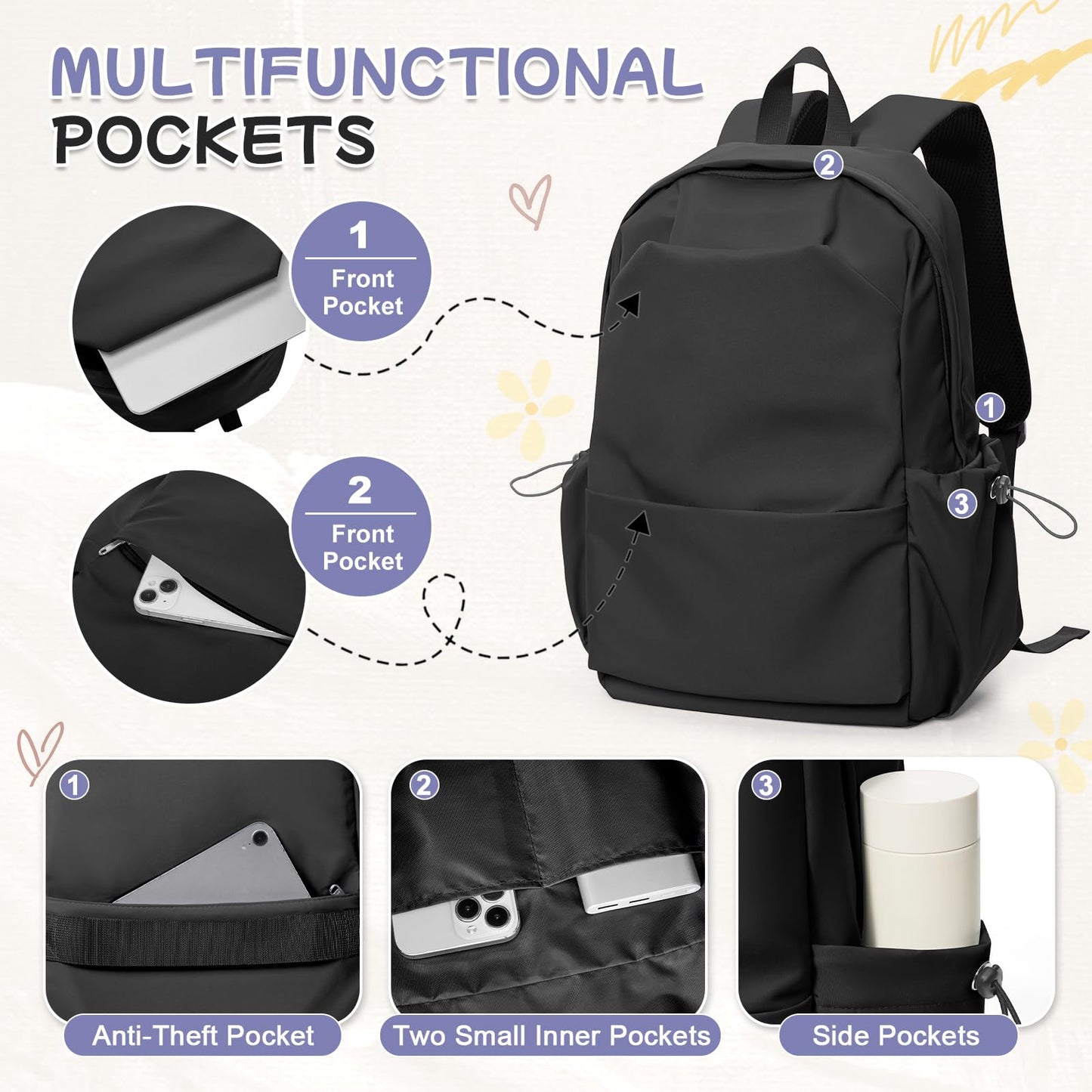 HYC00 School Backpack Womens Causal Travel School Bag for Teenage Girls Boys Secondary Backpack Lightweight 14 Inch Laptop Rucksack Bag for Women Casual Daypack Bookbag for Daily College Work, Black