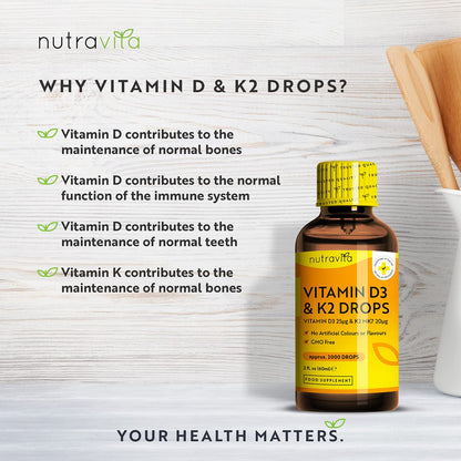 High Strength Vitamin D3 K2 MK7 Drops - Vitamin D 1000IU & K2 20ug per 2 Drops - 60ml Liquid Vitamin D3 and K2-1+ Year Supply Supports Immune System, Normal Bones, Muscles & Teeth