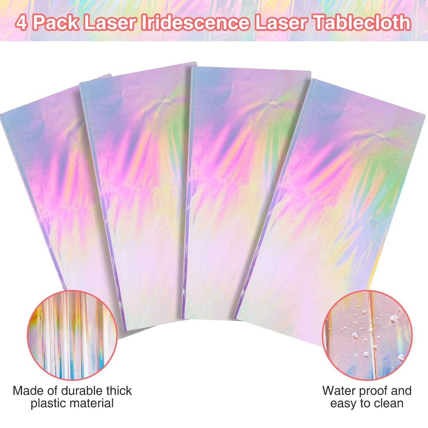 FunnyPars 4 Pack Iridescent Plastic Tablecloths Shiny Disposable Laser Rectangle Table Covers Holographic Foil Tablecloth Iridescent Party Decoration