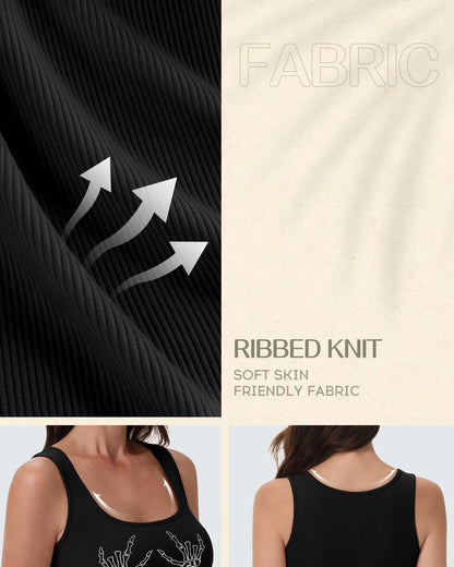 Flafens Crop Tops for Women Summer Tank Tops - Cute Ribbed Knit U Neck Graphic Sleeveless T Shirts Workout Yoga Gym Short Tanktops Skull Hand Action Teen Girls for Going Out Daily, Medium