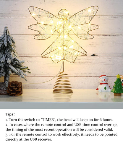 Roylvan Christmas Tree Topper Angel, USB-Powered Christmas Tree Light with Remote & 6H Timer, 3D Hollowed Angel Decoration for Xmas Trees Home Decor Outdoor Party, 9.8 Inch (H), Gold