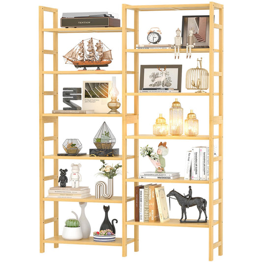 Homykic Double Wide Bamboo Bookshelf, 6-Tier Large Open Bookcase with 12 Display Shelves, 6ft Tall Freestanding Book Shelf for Home Office, Bedroom, Living Room, Plants, Natural